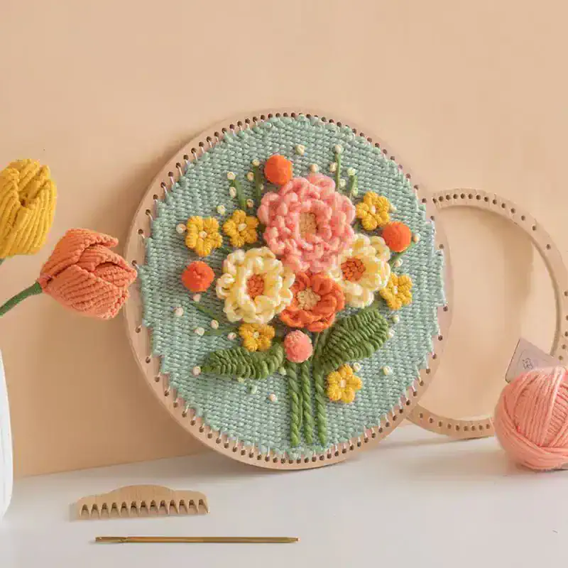 Vivid embroidered floral artwork with pastel colors in a round hoop, ideal for home decor, gift, or craft project. Perfect for flower lovers and embroidery enthusiasts.
