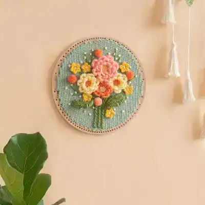Colorful flower art embroidery wall decor, handmade tapestry for home decoration, floral craft piece from Monalisa Medical Store, aesthetic interior design accessory, vibrant textile wall hanging.
