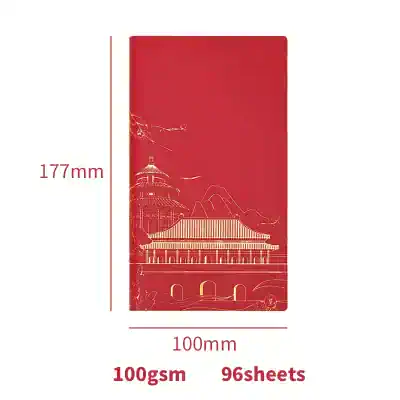 Luxurious red and gold patterned notebook featuring traditional Asian architecture, ideal for stylish note-taking or journaling. Perfect for professionals and students seeking elegance.