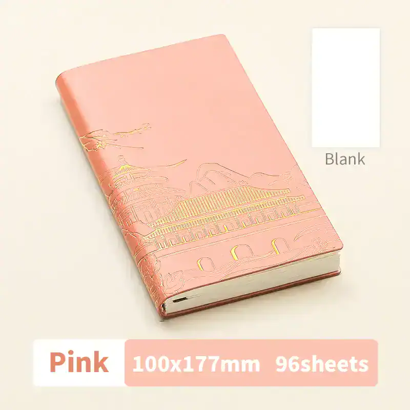 Elegant pink notebook with a gold embossed cityscape design, ideal for journal writing or note-taking, from Monalisa Store. Perfect for professionals or students seeking stylish stationery.