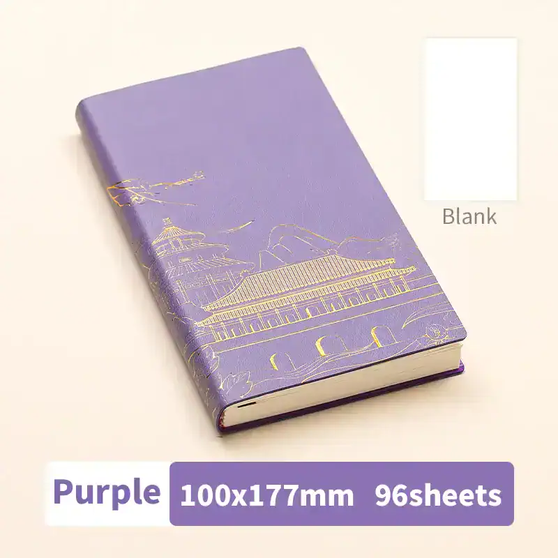 A purple notebook with gold foil illustration of traditional architecture, ideal for organization or note-taking, available at Monalisa Store.