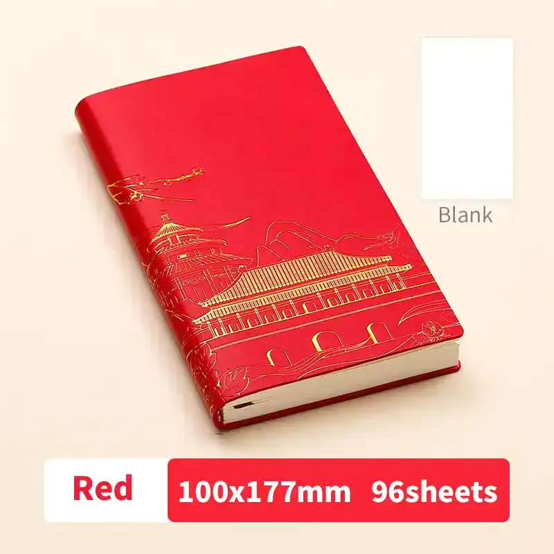 Red decorative notebook with traditional Asian temple illustration, ideal for office or school use, 100x177mm, 96 sheets.