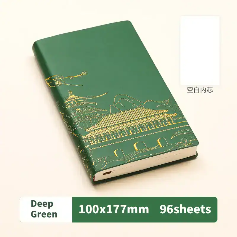 Green notebook with gold Asian architecture design, ideal for ophthalmology professionals and students for note-taking and record-keeping.