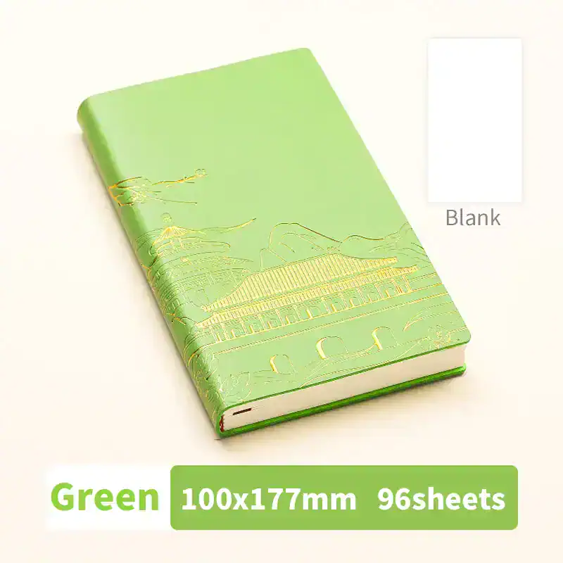 Elegant green notebook with gold embossed traditional Asian architecture and landscape design, ideal for fashion, journaling, or gift purposes. Perfect for enhancing an opt shop's appeal.