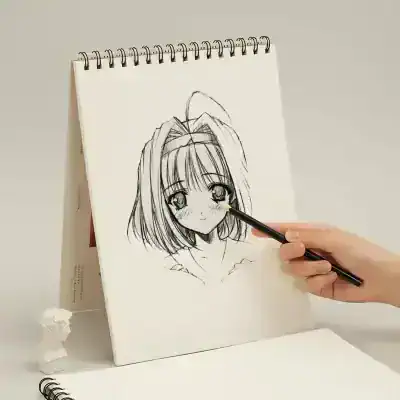 Drawing of a cute anime-style girl with big expressive eyes and shoulder-length hair, created with a black pen on a spiral sketchpad. Perfect for art, manga, and anime enthusiasts.