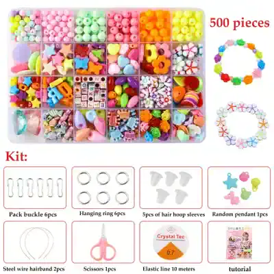 Colorful jewelry beading supplies kit with 500pcs DIY accessories, including beads, charms, rings, hairbands, scissors, and instructions for making custom jewelry and accessories.
