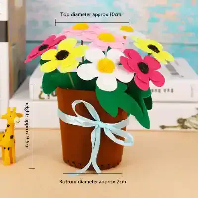 Colorful felt flower potted plant craft for home decor or gifts; features bright pink, yellow, and white flowers in a brown pot with a white ribbon, approximately 9.5cm high.