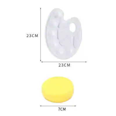 White artist palette with paint blobs, 23cm x 23cm, ideal for creative projects and art therapy sessions.