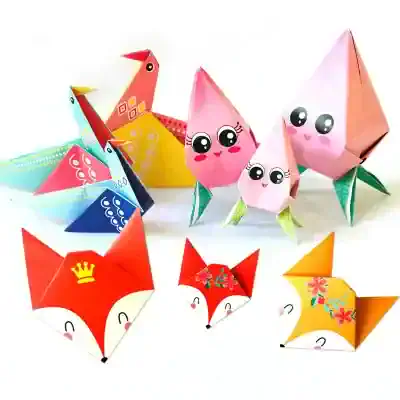 Colorful origami animal crafts including foxes, rabbits, swans, and birds with playful designs and cute facial expressions, ideal for decorative or educational purposes.