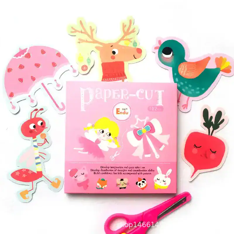 Paper cut craft and creative activity kit featuring cute animal and character designs, perfect for children's arts and crafts projects and imaginative play.