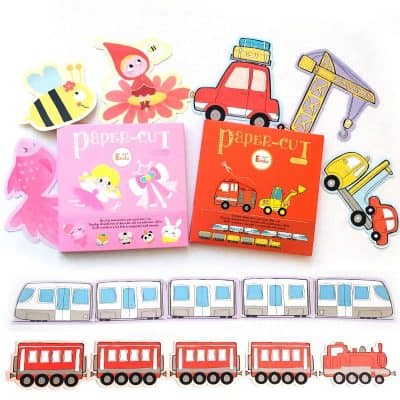 Colorful foam animal and vehicle craft toys for kids, including paper-cut activity books, trains, and construction vehicles, perfect for educational play and developing fine motor skills.
