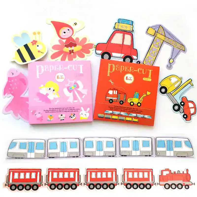 Bead and cut paper toy vehicles with train and construction equipment for children's craft activity, featuring colorful paper cutouts, fairy-tale characters, and creative DIY projects for kids learning about transportation.