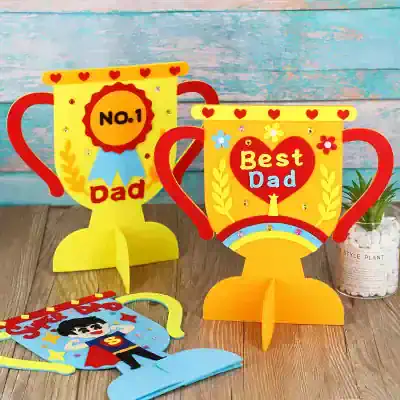 NO.1 dad trophy and best dad mug with superhero character decoration for Father's Day celebration.