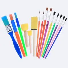 Bright-colored makeup brushes and sponges for cosmetic application at Monalisa Store, specialized in optical and beauty products.