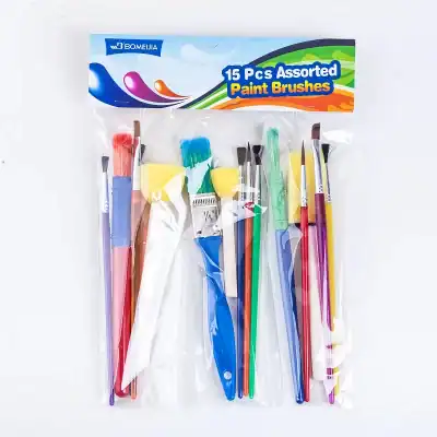Colorful paint brushes set with 15 assorted sizes, ideal for arts and crafts projects. Perfect for painting, detailing, and creative activities for kids and adults alike.