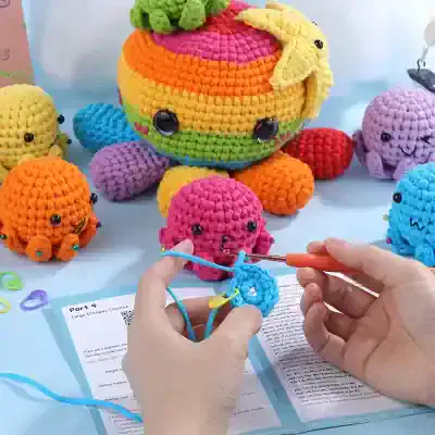 Vibrant crochet plush toys at Monalisa Store, featuring colorful octopus and sea creature designs perfect for kids and collectors, crafted with high-quality yarn and intricate details.