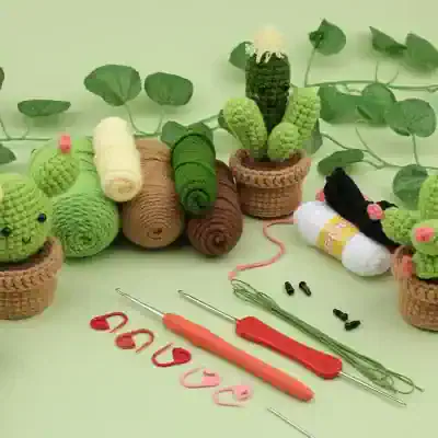 Thick, colorful crochet cactus and succulent plants in decorative pots, craft crochet tools, and accessories, ideal for DIY craft projects, decorations, or gift ideas from Mona Lisa Medical Store.