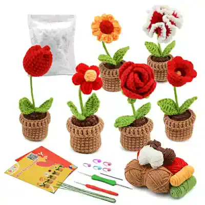 Colorful crochet flower pots kit with yarn, crochet hooks, and instructions for DIY floral decor and craft projects. Perfect for home decoration, gifts, and creative hobbies.