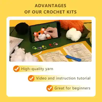 Crochet kit for beginners at Monalisa Store with yarn, instructions, and video tutorial for crafting plush toys and amigurumi.