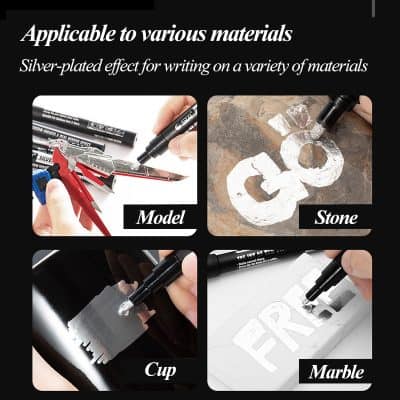 Silver-etched marker for writing on various materials including model, stone, cup, and marble for arts and crafts.