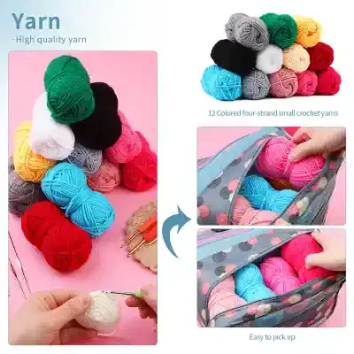Multi-colored yarn balls for crochet and knitting, including pink, blue, green, black, white, and yellow, suitable for DIY crafts and projects.