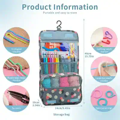 Colorful knitting and sewing tool kit in portable storage bag with hooks, scissors, needles, and jump rings for crafting at Monalisa Store.