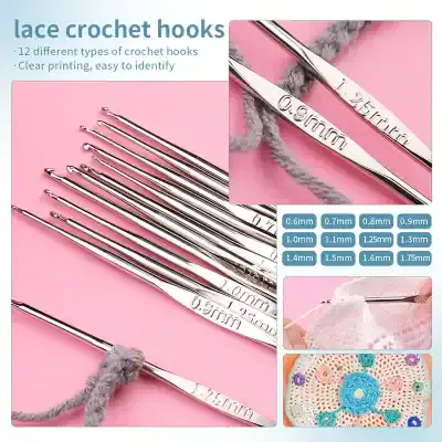 Variety of stainless steel lace crochet hooks with engraved size markings for knitting and crochet projects, set of 12, displayed on pink background.