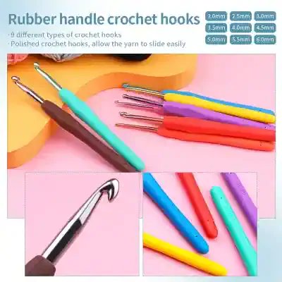 Rubber handle crochet hooks set for knitting and crochet, available in multiple sizes for versatile crafting projects. Ergonomic design for comfortable grip and smooth yarn sliding.