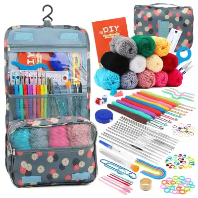 Colorful knitting and crochet kit with yarn, needles, and accessories for DIY crafts and embroidery projects.