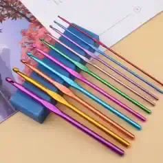 Vibrant colorful crochet hooks set for knitting and crochet enthusiasts, ideal for creating fine details in handmade crochet projects.