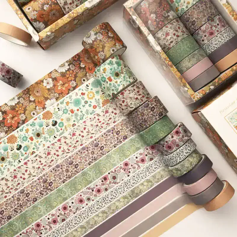 Flower patterned washi tape collection, decorative craft tapes for scrapbooking, gift wrapping, and DIY projects, featuring colorful floral designs and vintage-inspired patterns.