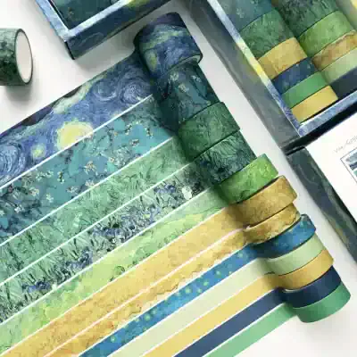 Elegant washi tapes featuring famous artwork, perfect for arts and crafts, scrapbooking, and decoration, inspired by Van Gogh's Starry Night and other classic paintings.