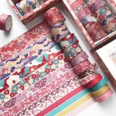Colorful Japanese washi tapes with floral and traditional patterns, ideal for decorative crafts and scrapbooking, available at Monalisa Store for creative project enhancements.