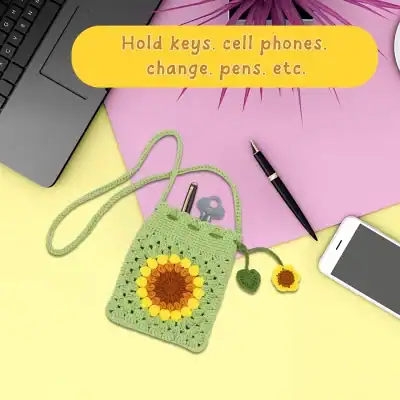 Hold keys, cell phones, change, pens, crochet pouch with sunflower design, on pastel background with laptop, phone, and pen, featured at Monalisa Medical Store for accessories and organization.