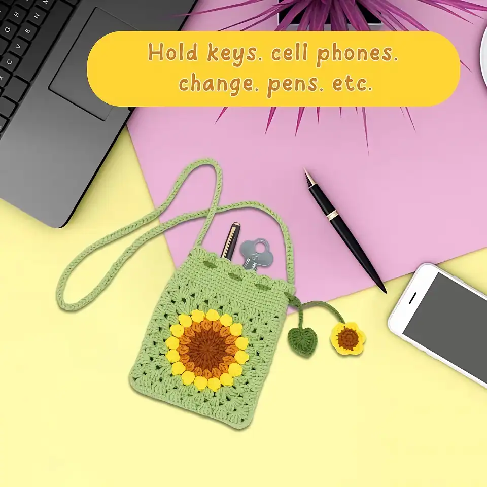 Hold keys, cell phones, change, pens, crochet pouch with sunflower design, on pastel background with laptop, phone, and pen, featured at Monalisa Medical Store for accessories and organization.