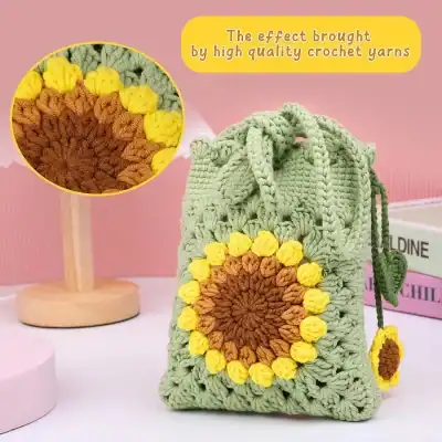 Yellow and brown crochet sunflower bag with high-quality yarn for stylish accessories.