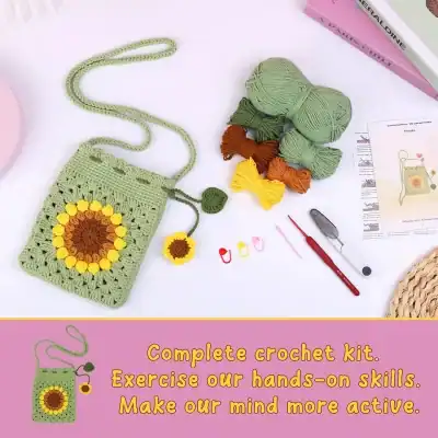 Sunflower crochet bag with yarns and crochet tools for DIY craft projects.