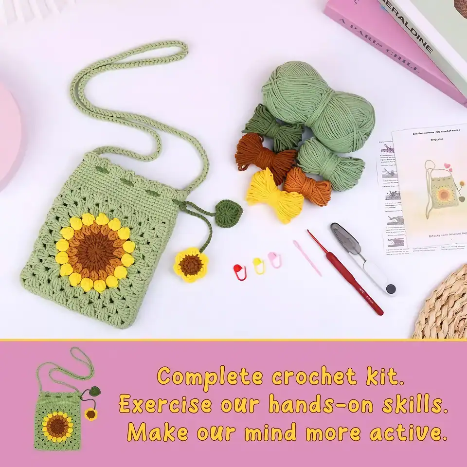 Sunflower crochet bag with yarns and crochet tools for DIY craft projects.