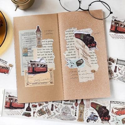 3. Vintage travel-themed scrapbook page featuring trains, postcards, and transportation stickers with a nostalgic ambiance for travel and railway enthusiasts.