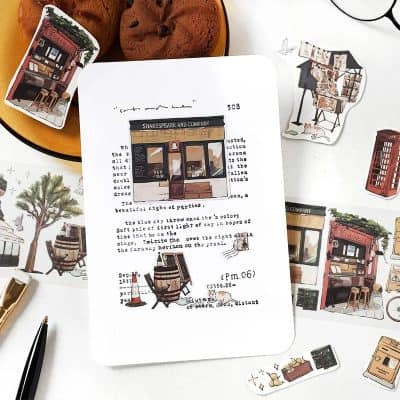 Vintage storefront illustration of Shakespeare and Company bookshop for Monalisa Store branding and decor.