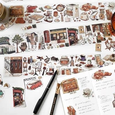 Cute illustrations of a cozy coffee shop, vintage furniture, bicycles, books, and cafe items, perfect for designing interior decor, branding, or lifestyle content related to cafes and boutique stores.