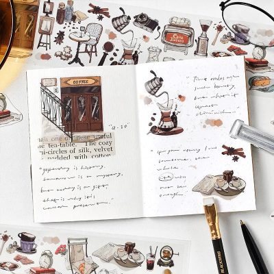 Vintage coffee shop illustration, sketchbook with handwritten notes, and assorted coffee-themed stickers, capturing a cozy, artistic vibe for enhancing online content about cafes and coffee culture.