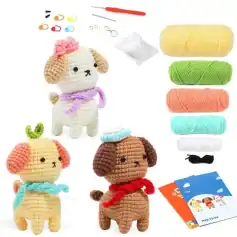 Crochet dog and puppy stuffed animal craft kit with colorful yarns, accessories, and pattern instructions for DIY plush toy creation. Perfect for handmade toy enthusiasts and craft lovers.