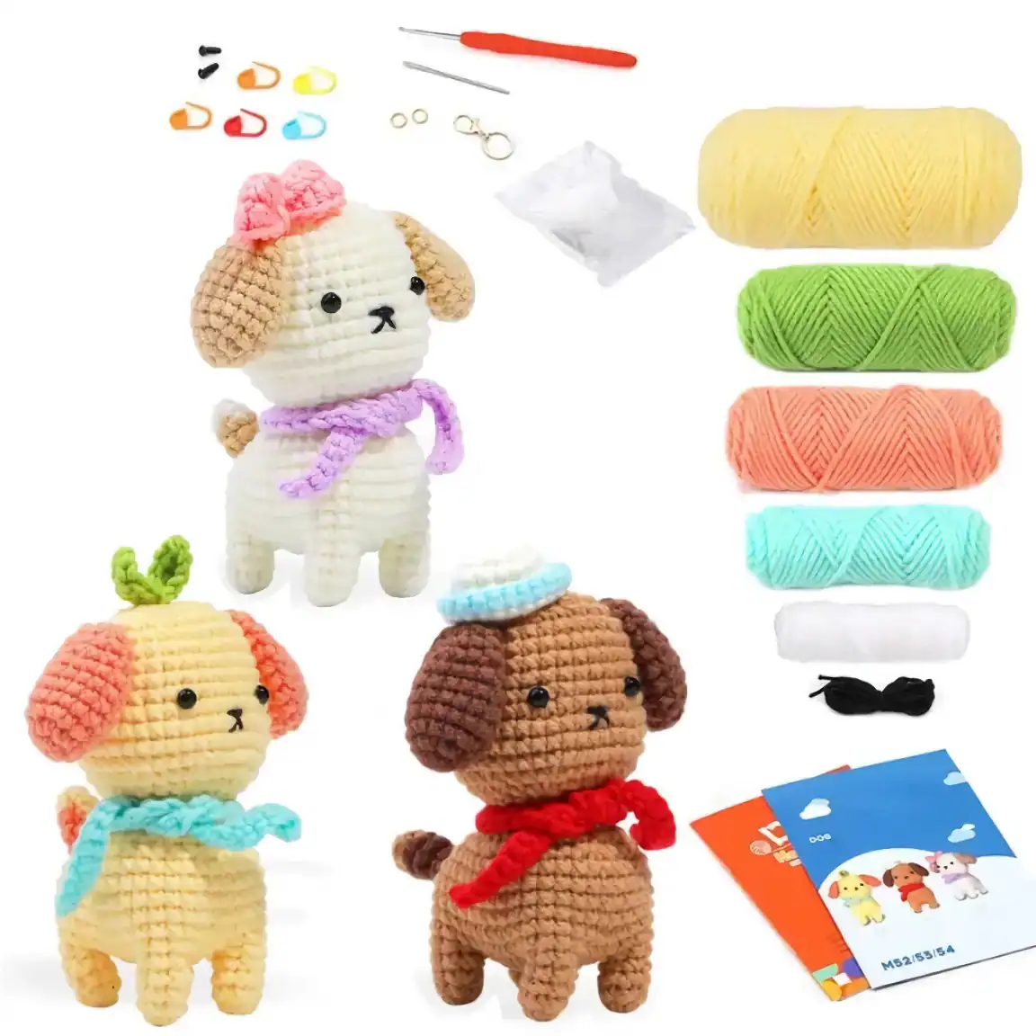 Crochet dog and puppy stuffed animal craft kit with colorful yarns, accessories, and pattern instructions for DIY plush toy creation. Perfect for handmade toy enthusiasts and craft lovers.