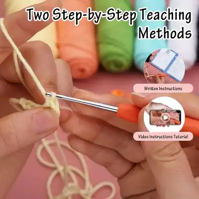 Portable knitting crochet hook with ergonomic handle for beginners and professionals, Monalisa Store opt, easy-to-use crafting tool for knitting, crochet, and yarn projects, includes instructional guide and tutorial videos.