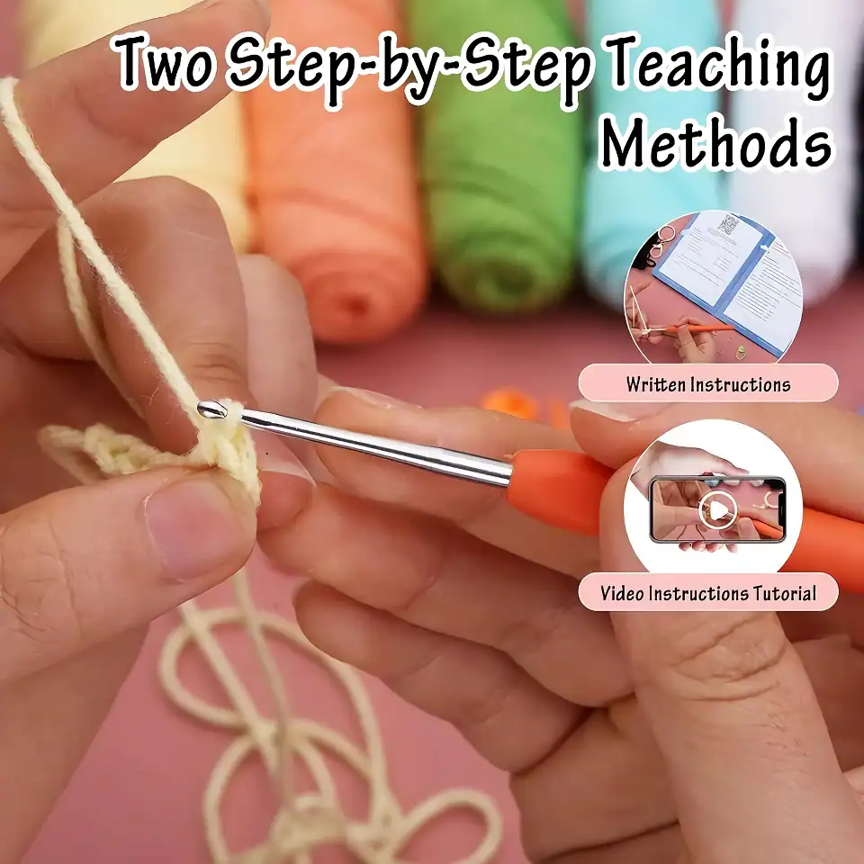 Portable knitting crochet hook with ergonomic handle for beginners and professionals, Monalisa Store opt, easy-to-use crafting tool for knitting, crochet, and yarn projects, includes instructional guide and tutorial videos.