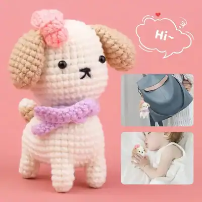 Crochet dog plush toy with pink bow and scarf, adorable gift for children and pet lovers at Monalisa Store, perfect for cuddling and decoration.