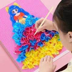 Colorful craft project featuring a girl creating a rainbow-themed art piece with rainbow-colored ribbon ruffles and a Monalisa-themed character illustration on pink background.