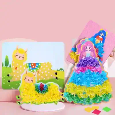 Colorful children's craft with llama theme, vibrant paper decorations, and character illustrations representing creativity and fun, perfect for kids' art projects and educational activities.