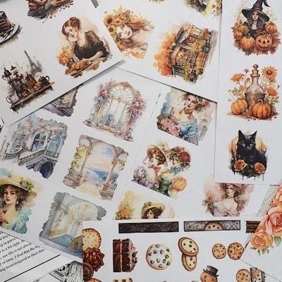 Dreamy autumn-themed watercolor art prints, vintage illustrations, whimsical characters, floral and architectural designs, Halloween motifs, and cute cookie illustrations for Monalisa Store opt.